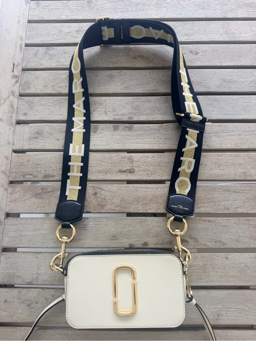 Marc Jacobs Cream Snapshot Camera Bag with Black Gold-Accent Strap